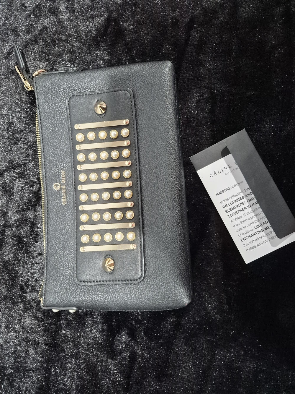 Celine Black Leather Zip Clutch with Gold Stud Accents